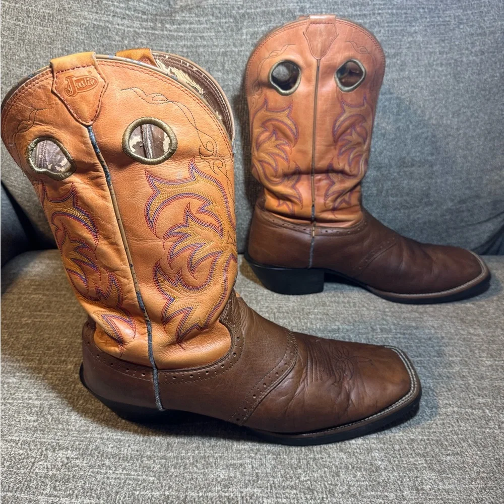 Justin Square Toe Men's Brown & Orange Western Cowboy Boots Size 12D - Picture 5 of 12